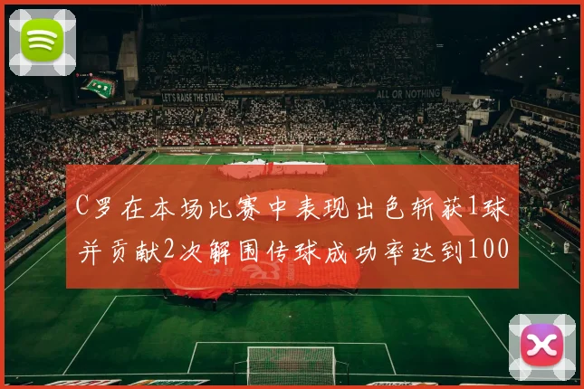 C罗在本场比赛中表现出色斩获1球并贡献2次解围传球成功率达到100