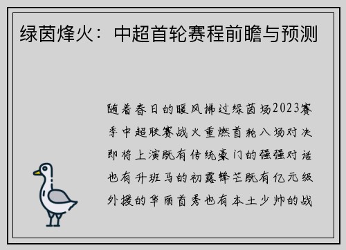 绿茵烽火：中超首轮赛程前瞻与预测