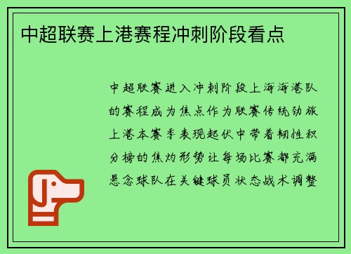 中超联赛上港赛程冲刺阶段看点